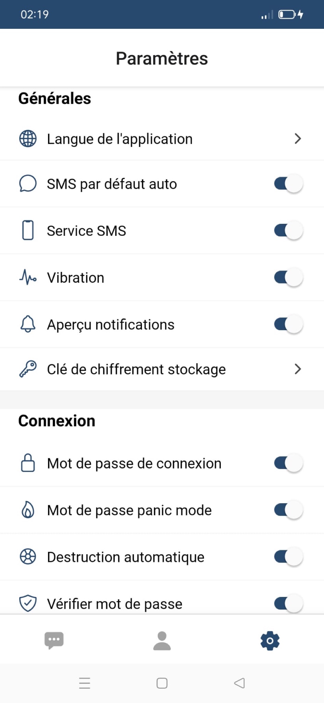 OV Message - Paramètres de sécurité